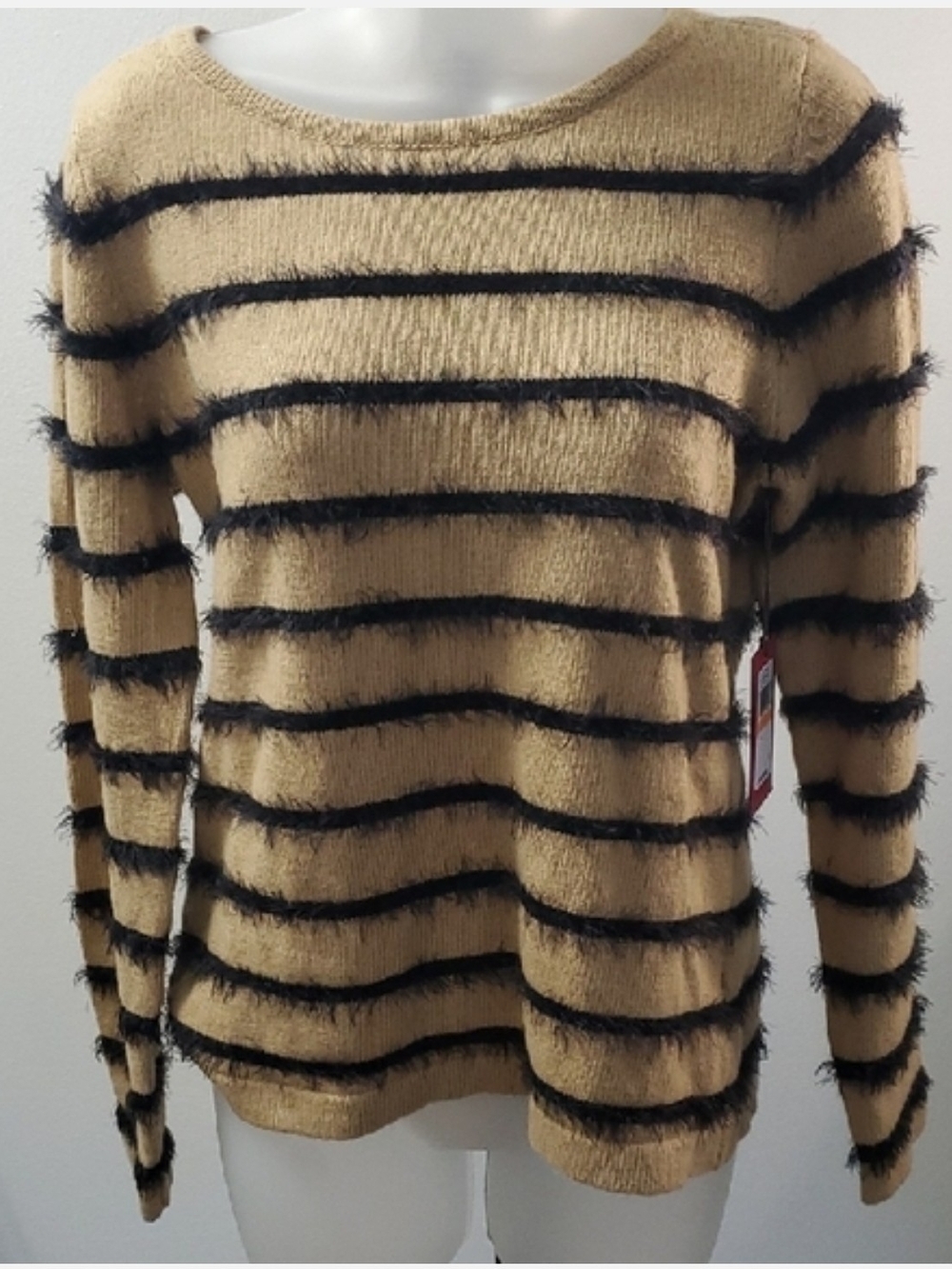 Vince Camuto Beige and Black Fuzzy Stripe Crewneck Sweater